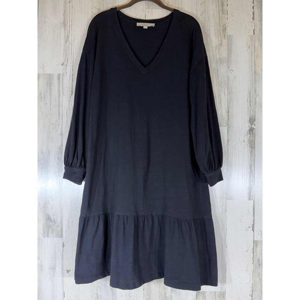 Loft T-Shirt Dress Large Black V-Neck Long Sleeve Tiered Ruffle Hem Cotton Slub